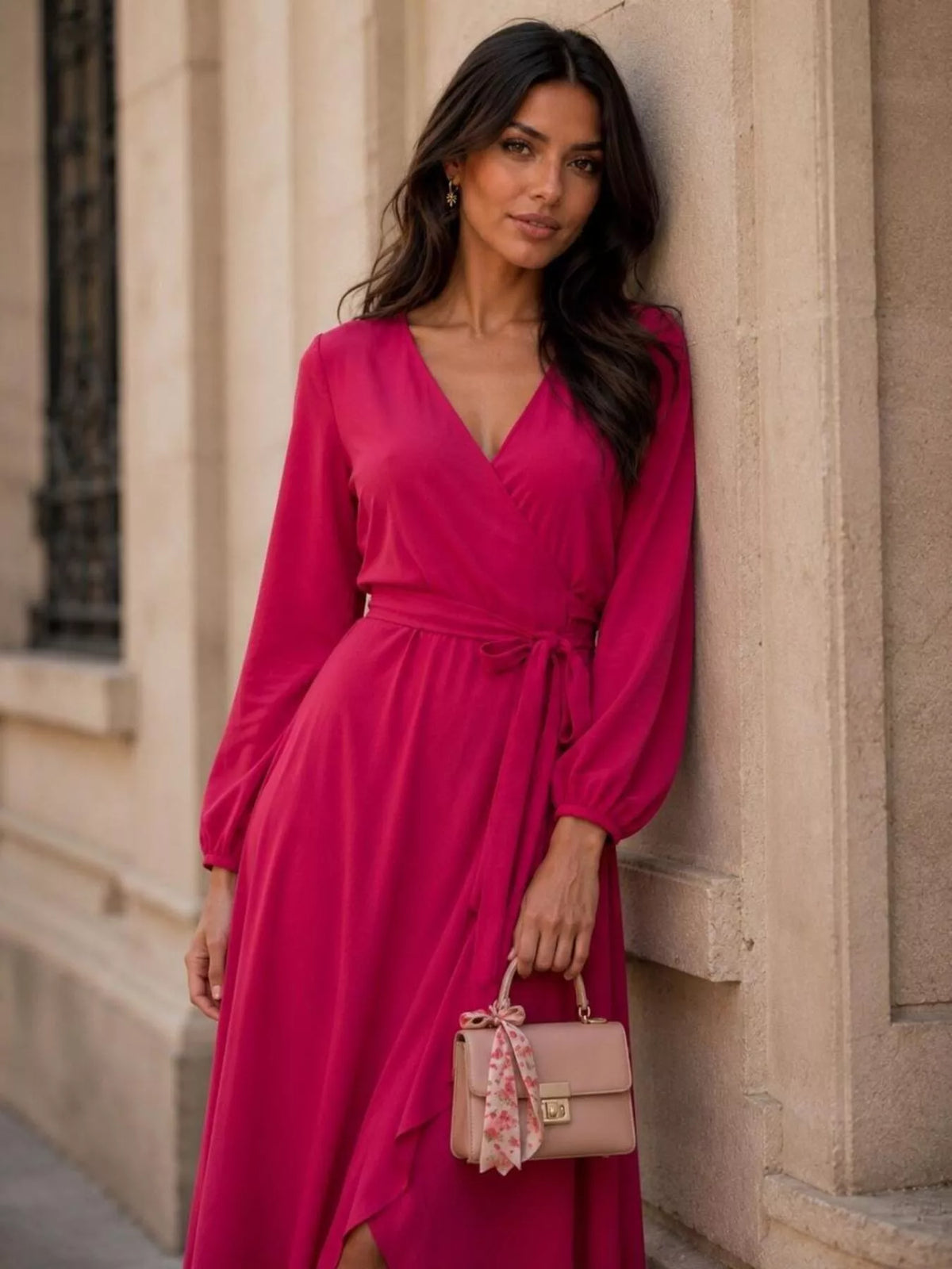 Ines Long-Sleeve Wrap Dress in Scarlet, on model