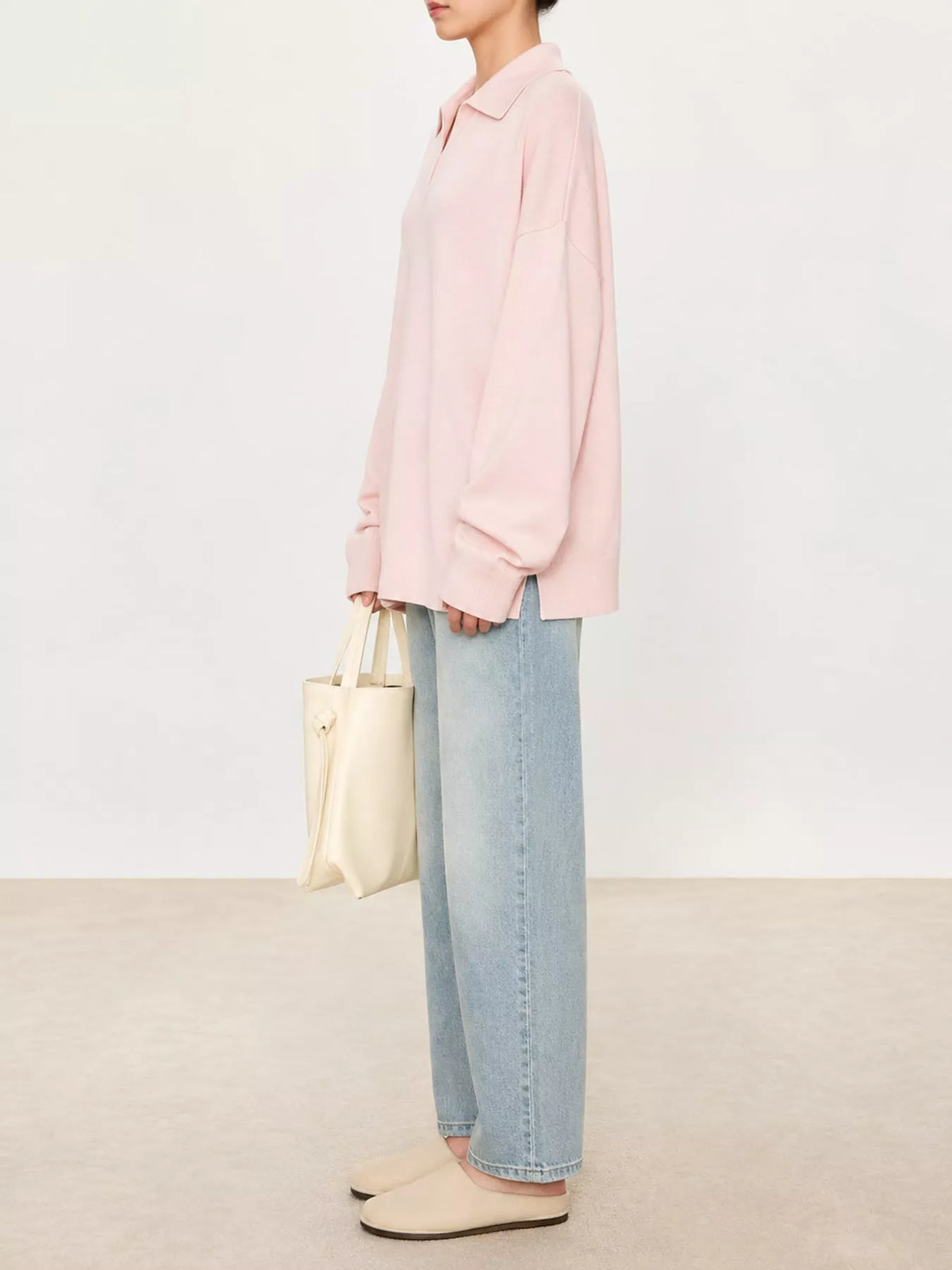 Priya Polo-Collar Drop-Shoulder Sweater in Pink, on model