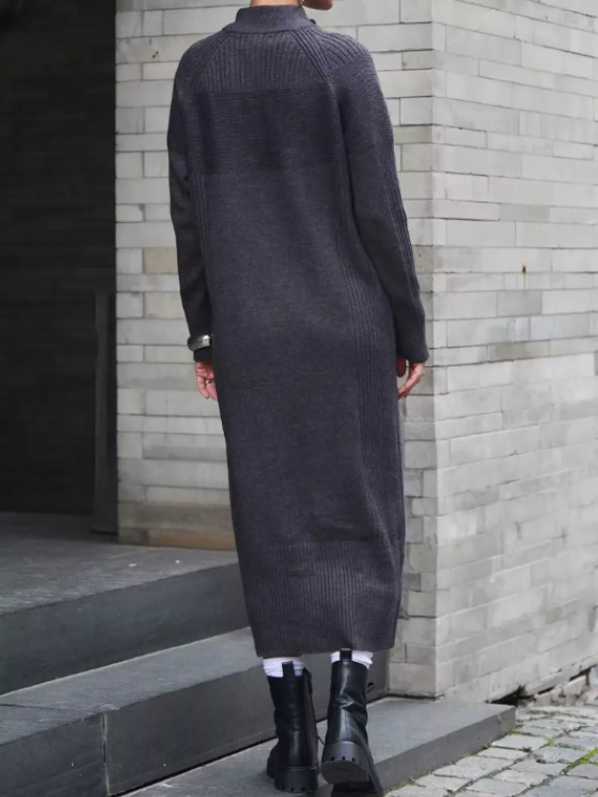 Annelise Half-Zip Ribbed Sweater Maxi Dress in Dark Gray, on model