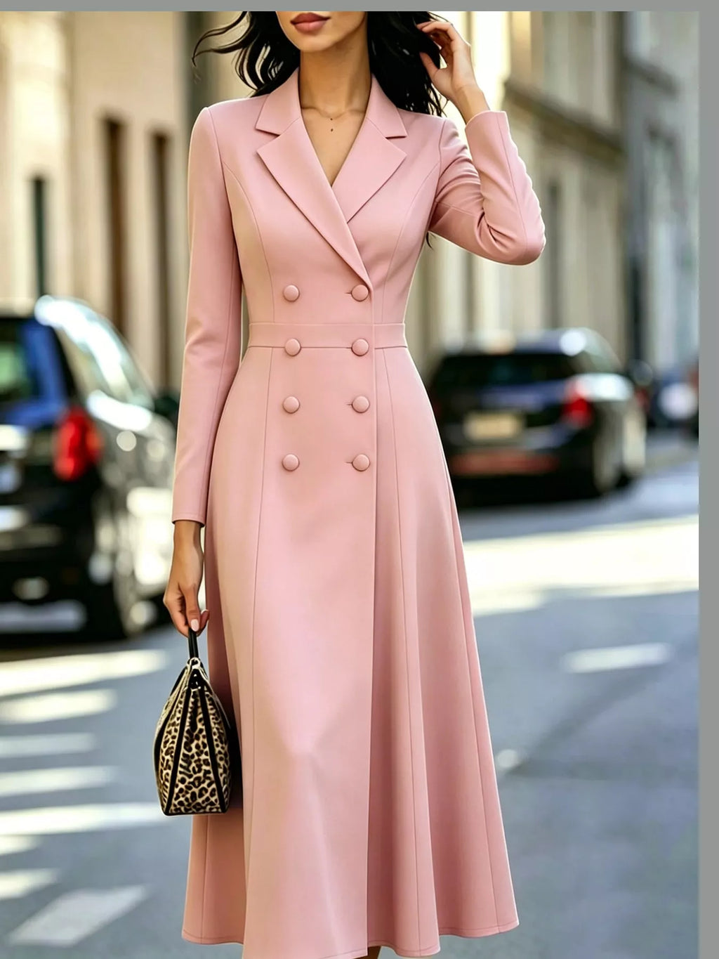 Solenne Double-Breasted Coat Midi Dress in Pink, on model
