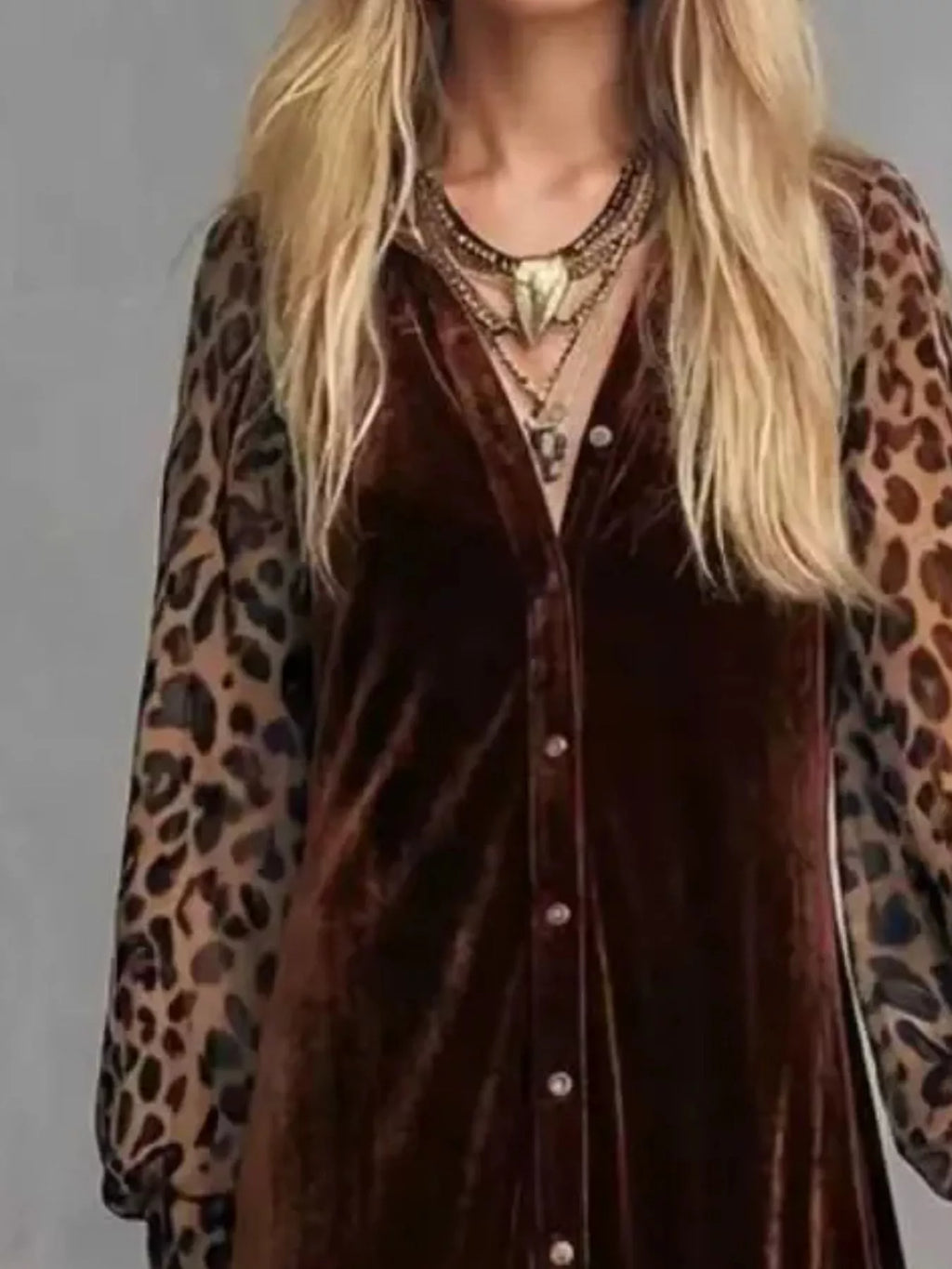 Coraline Leopard-Sleeve Velvet Maxi Dress in Brown, on model
