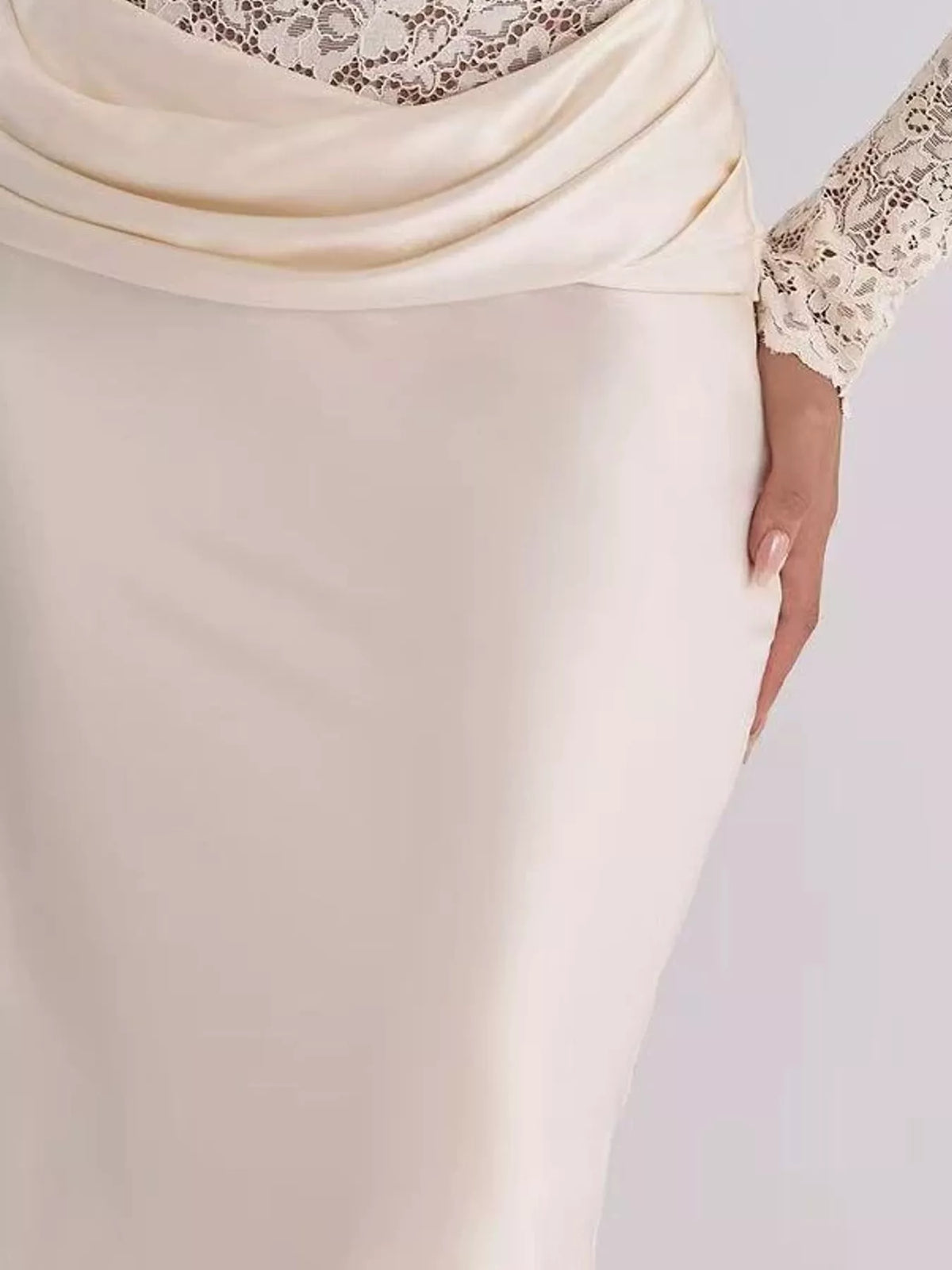 Delphine Lace + Satin Long-Sleeve Maxi Dress in Ivory, on model
