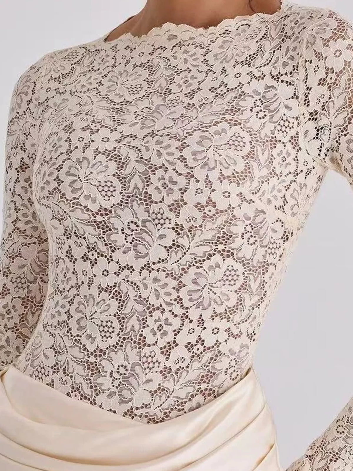 Delphine Lace + Satin Long-Sleeve Maxi Dress in Ivory, on model