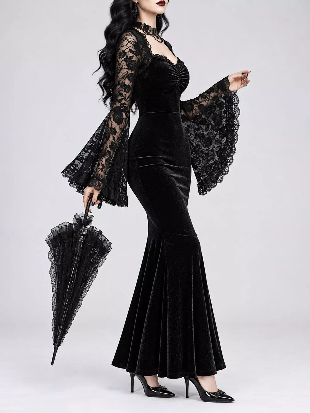 Romilly Velvet Lace Bell-Sleeve Mermaid Maxi Dress in Black, on model