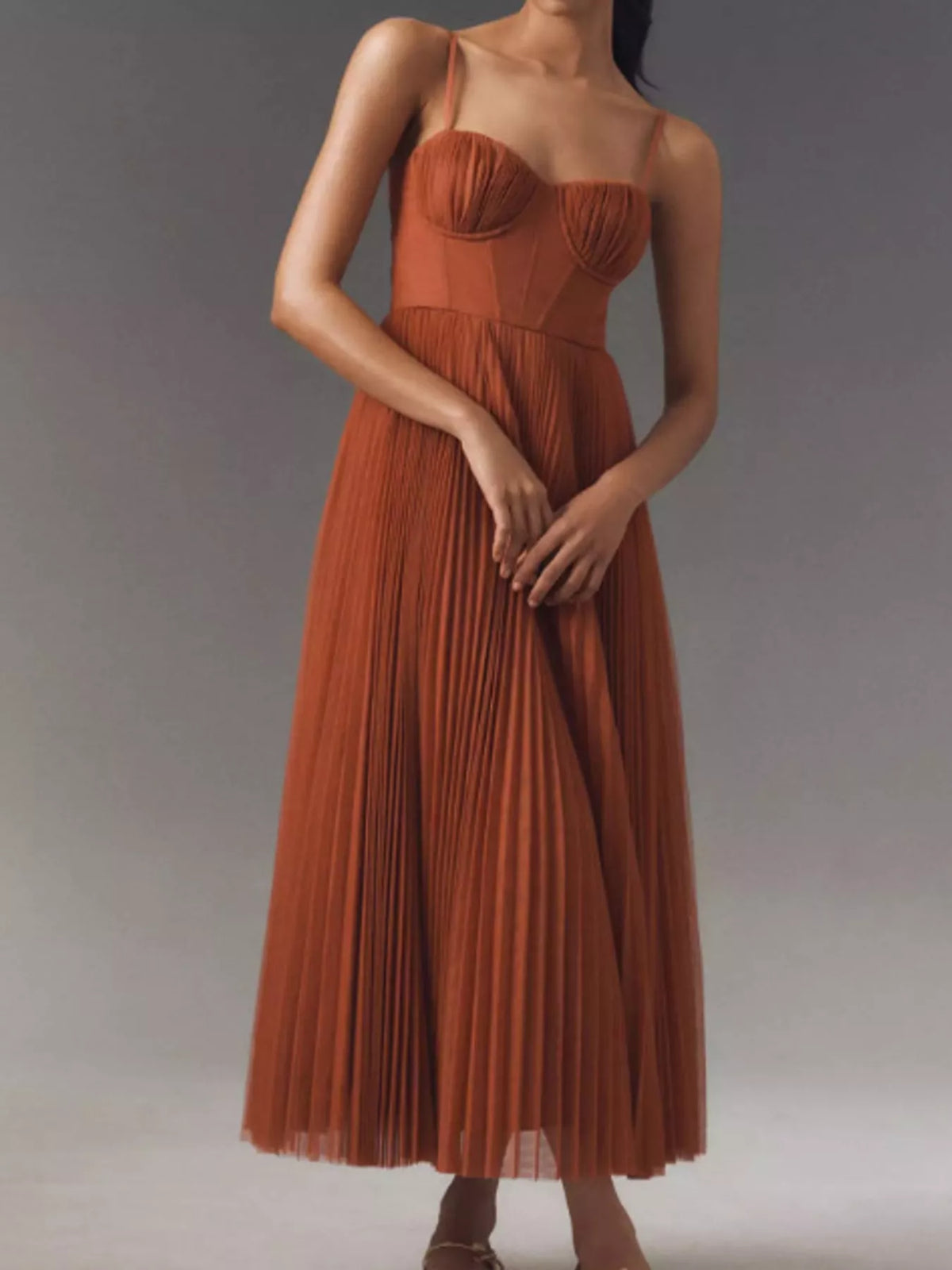 Saoirse Pleated Sweetheart Midi Dress in Brown, on model