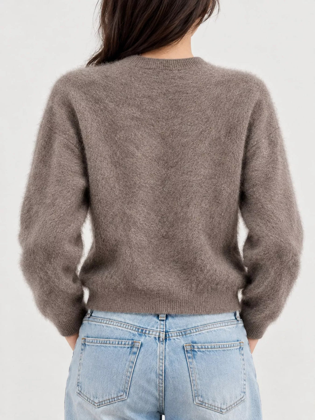 Flora Fuzzy Cropped Button Cardigan in Coffee, on model