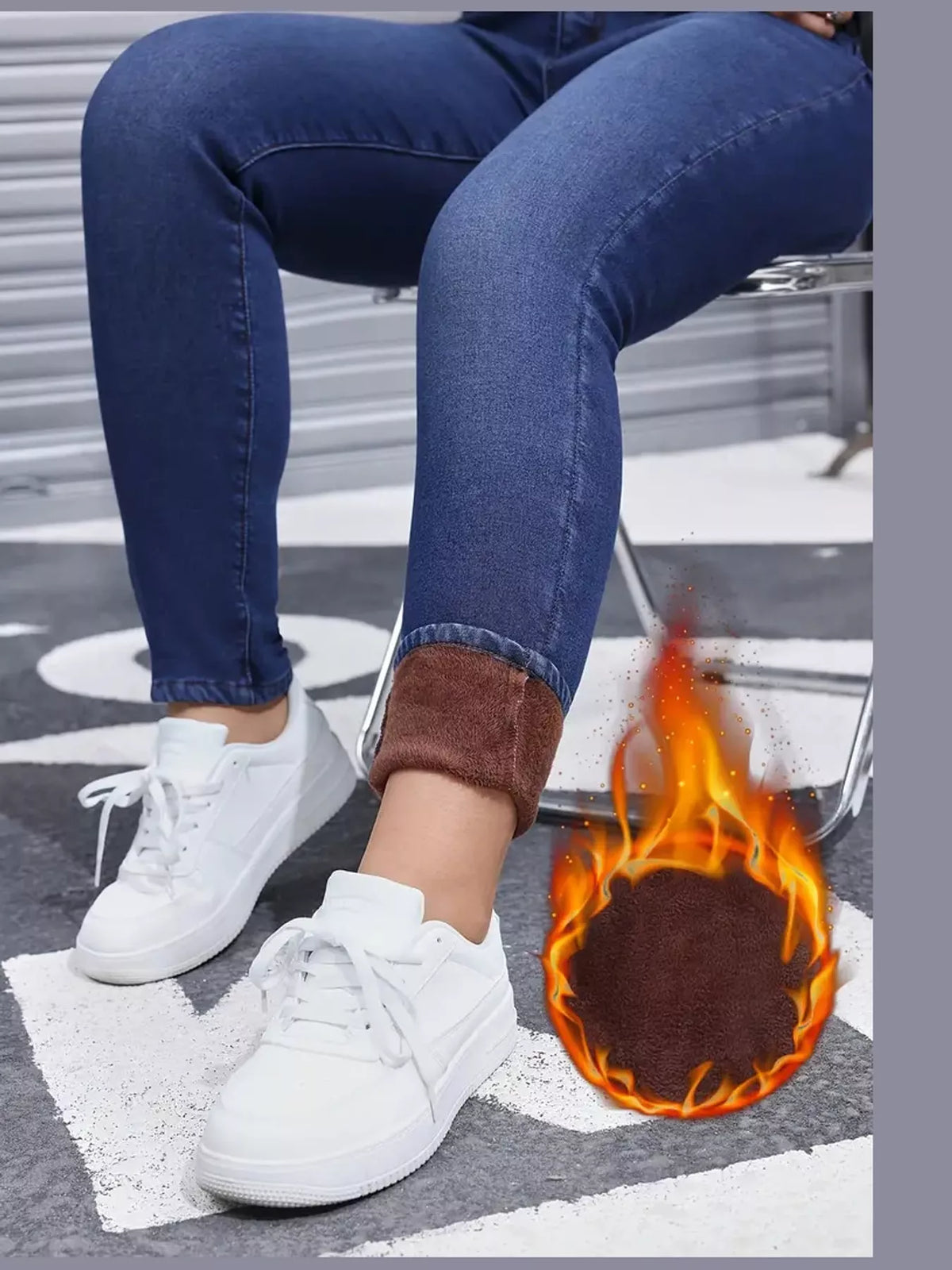Willa Fleece-Lined Skinny Jeans in Blue, on model