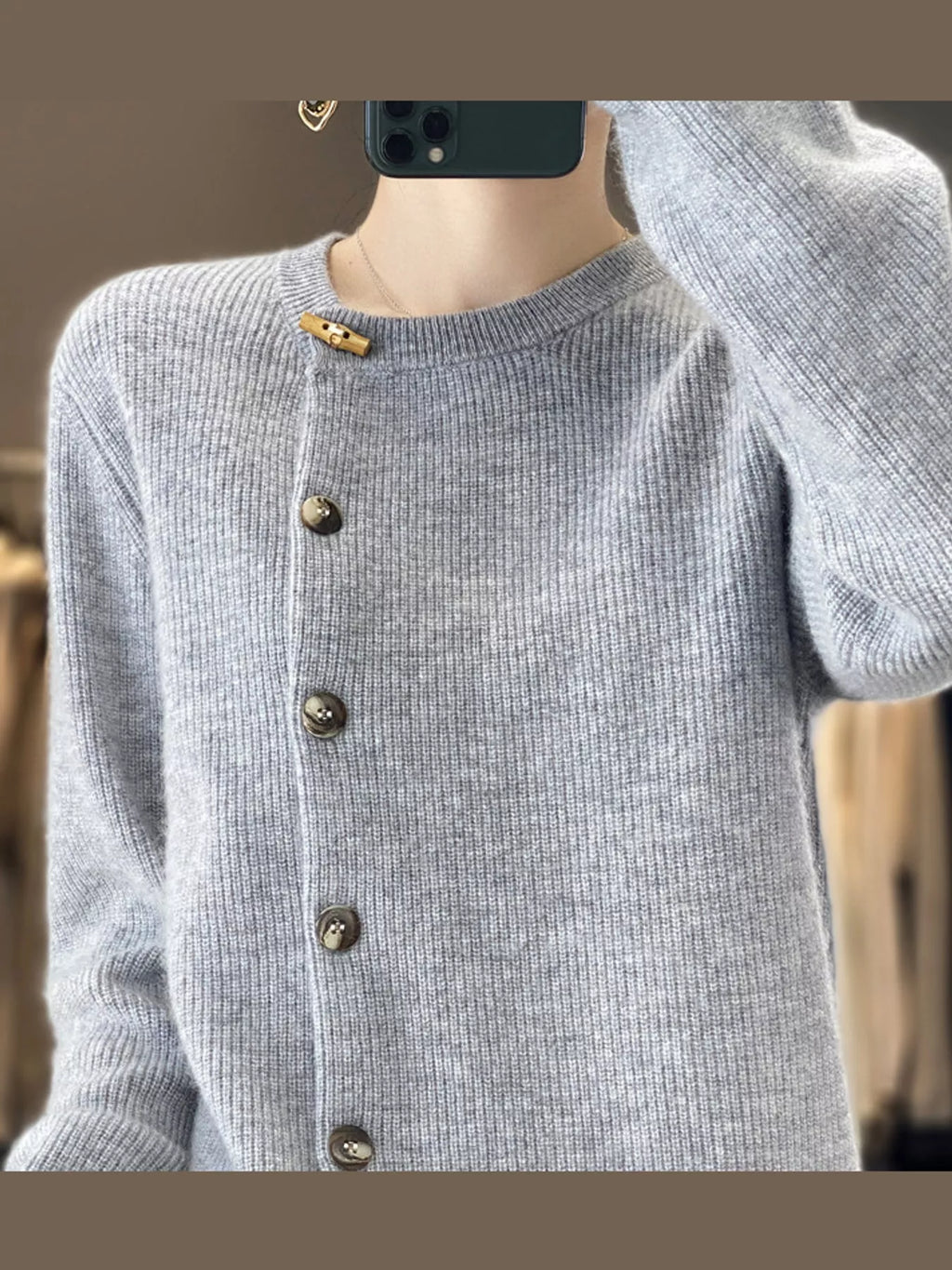 Nell Asymmetric Button Ribbed Cardigan in Light Gray, on model