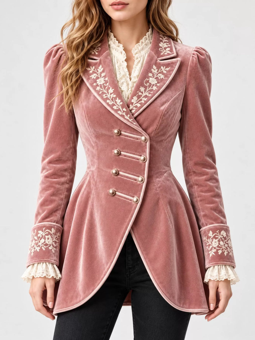 Isadora Embroidered Velvet Peplum Blazer in Pink, on model