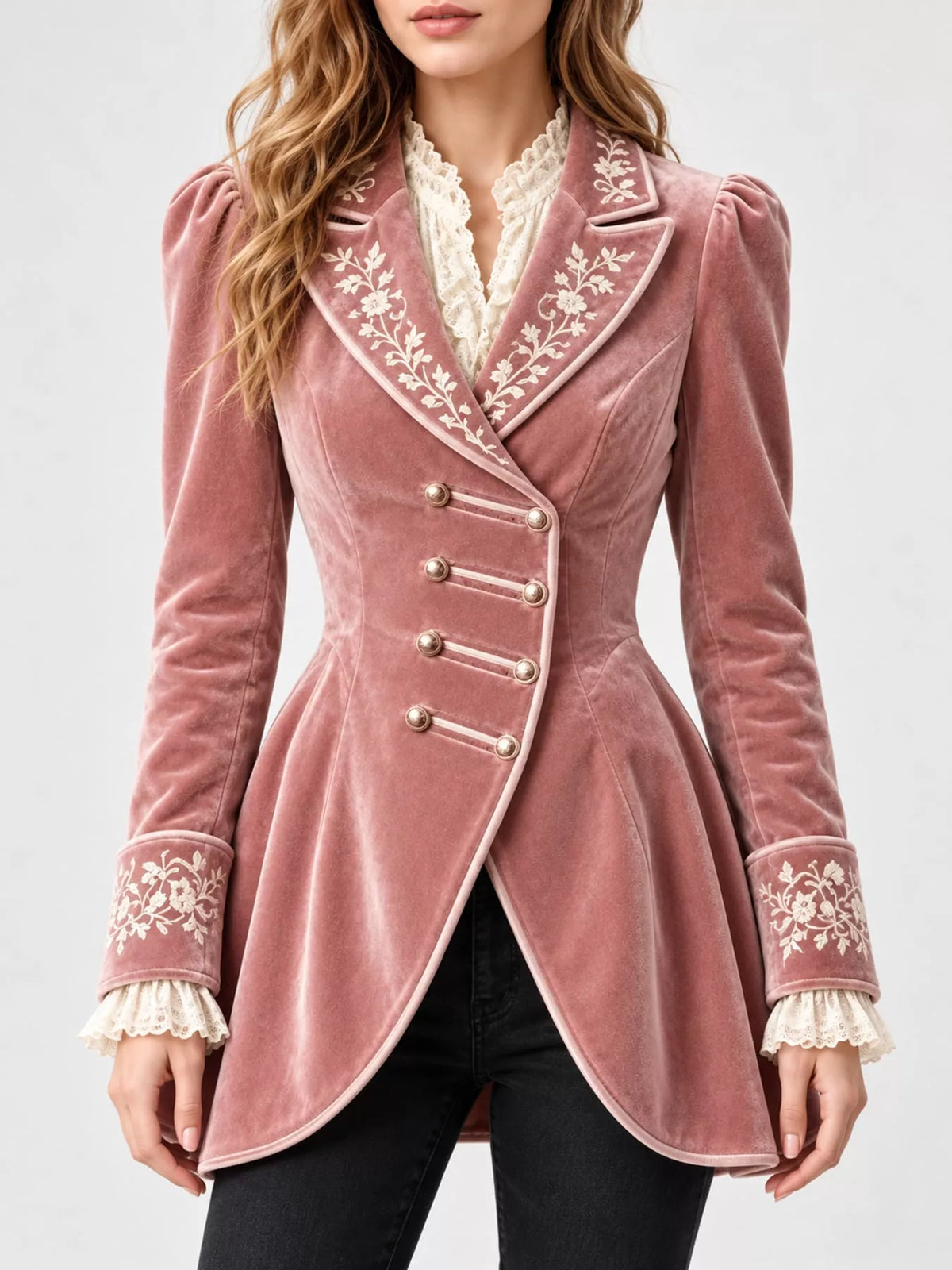 Isadora Embroidered Velvet Peplum Blazer in Pink, on model