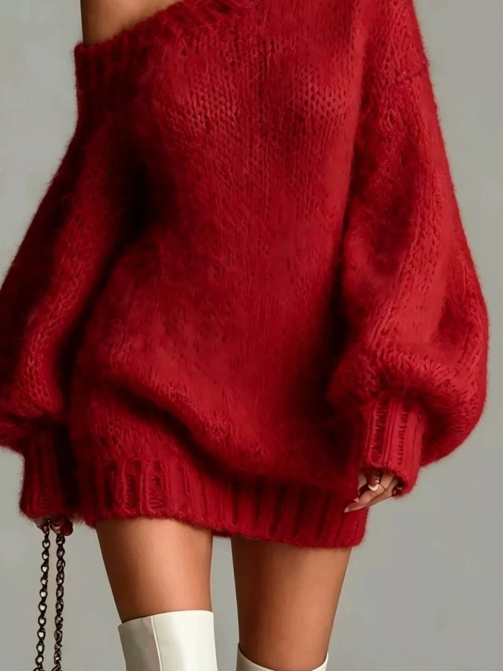 Mila One-Shoulder Sweater Mini Dress in Deep Red, on model