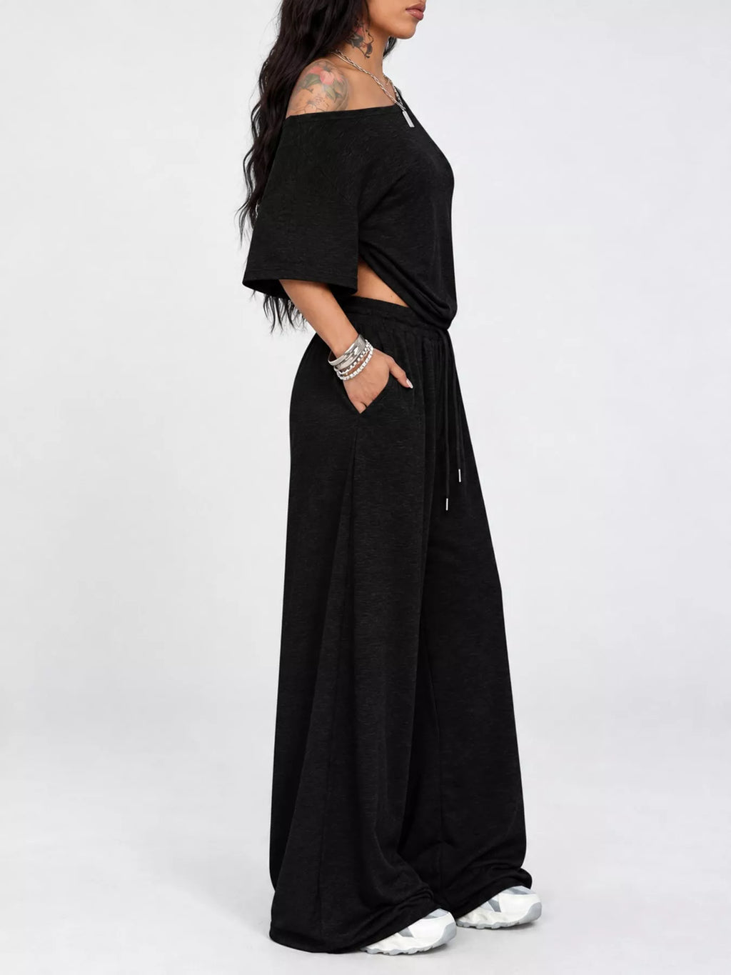 Linnea Off-Shoulder Top + Wide-Leg Pants Set in Black, on model