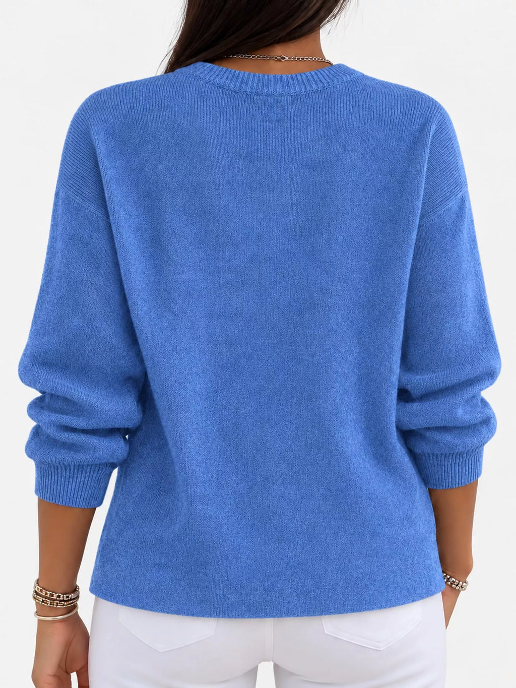 Corinne Classic Crew-Neck Sweater in Dark Blue, on model