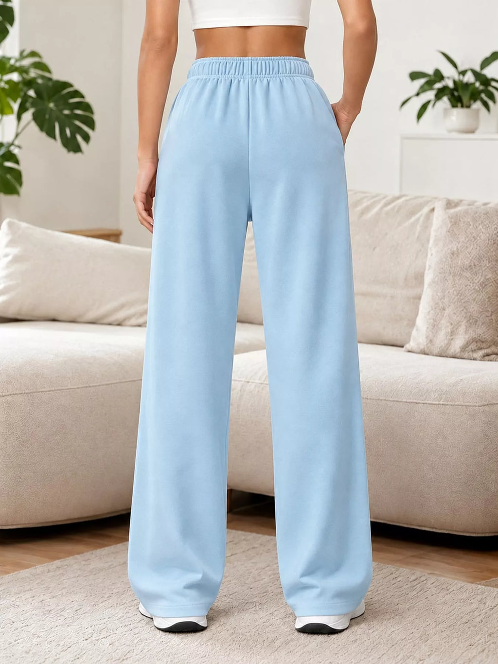 Odessa Drawstring Wide-Leg Sweatpants in Light Blue, on model