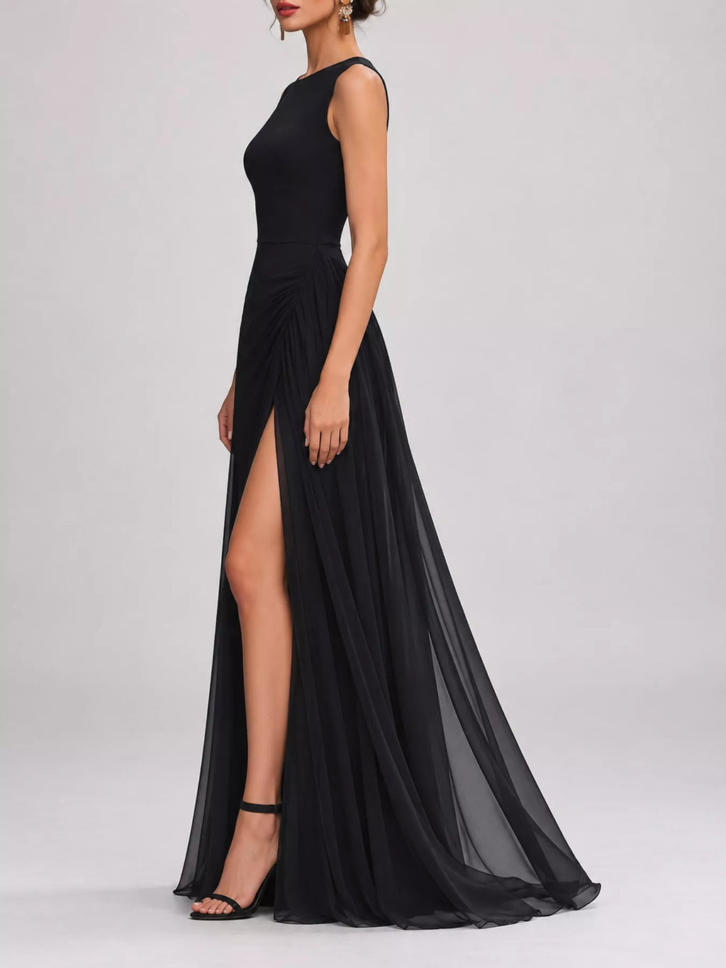 Ruth Sleeveless High-Slit Evening Maxi Dress in Black, on model