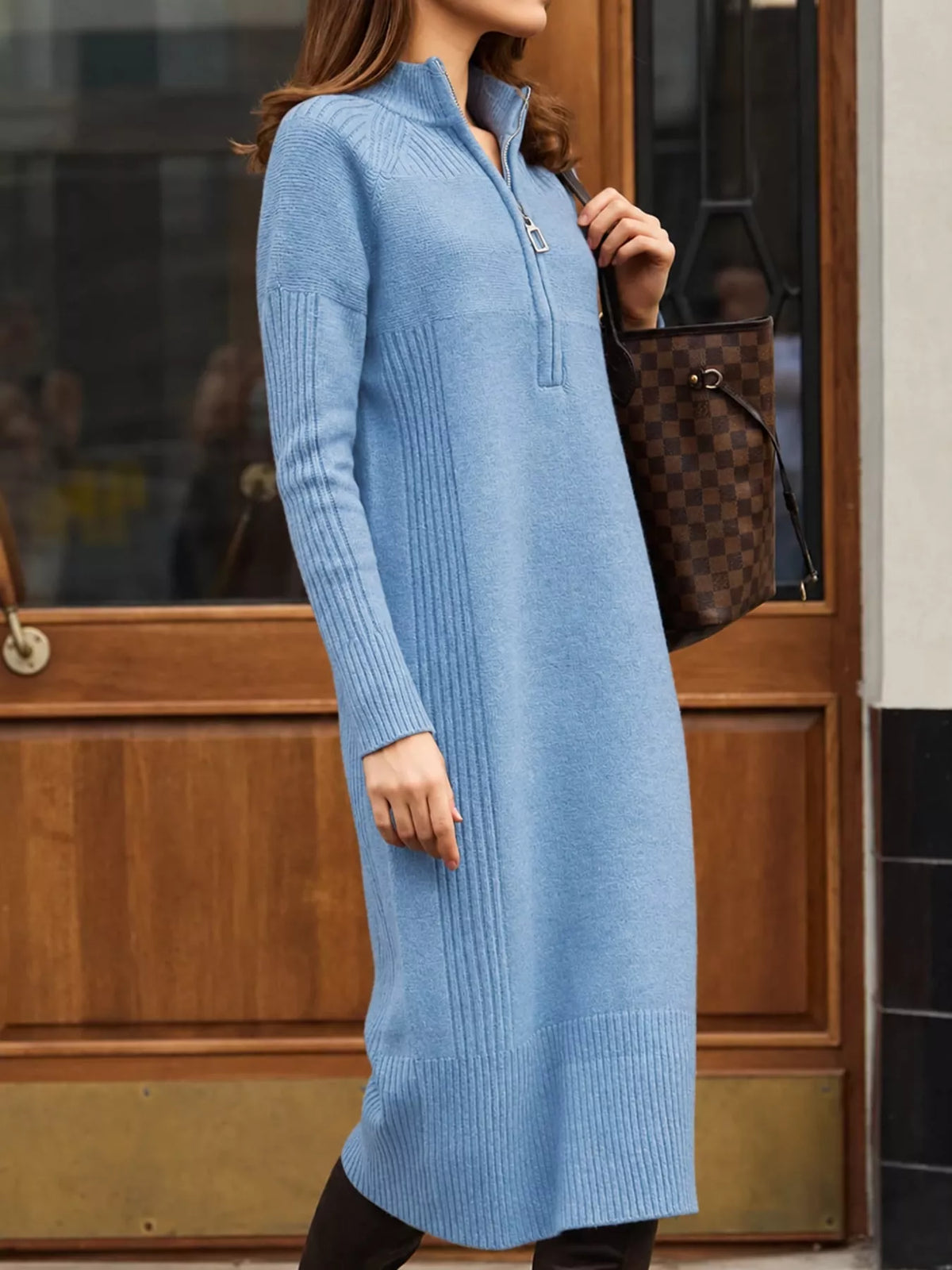 Annelise Half-Zip Ribbed Sweater Maxi Dress in Lake Blue, on model