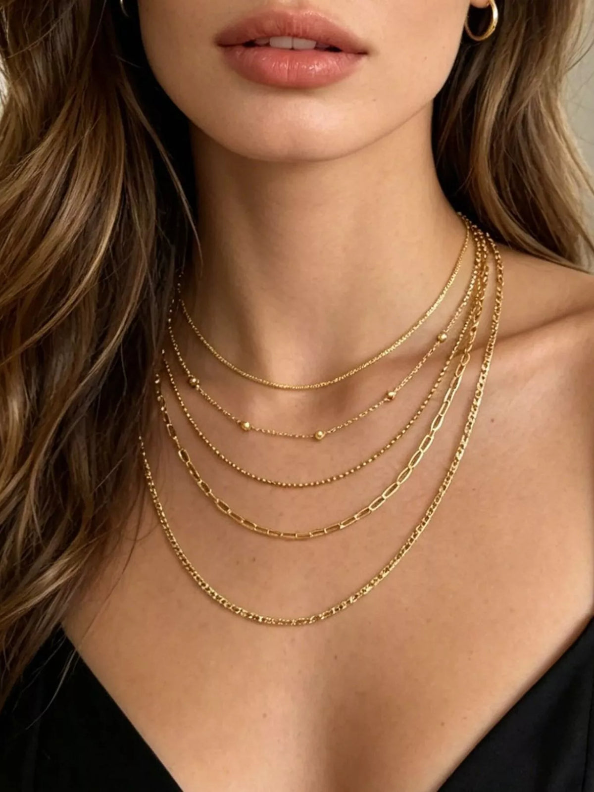Lune Five-Layer Gold Chain Necklace, worn on model