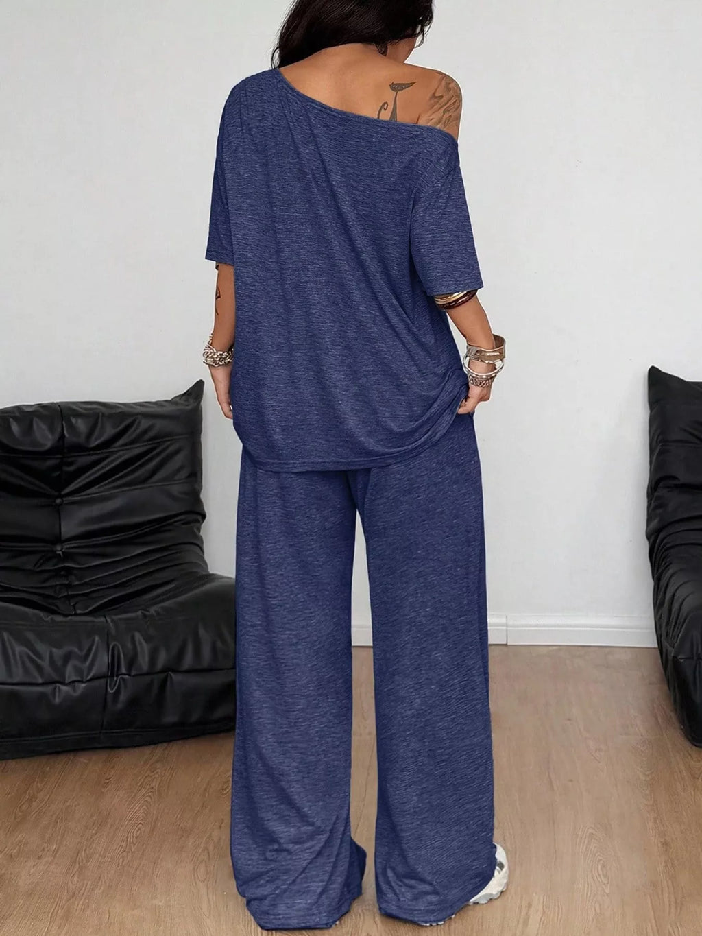 Linnea Off-Shoulder Top + Wide-Leg Pants Set in Navy, on model