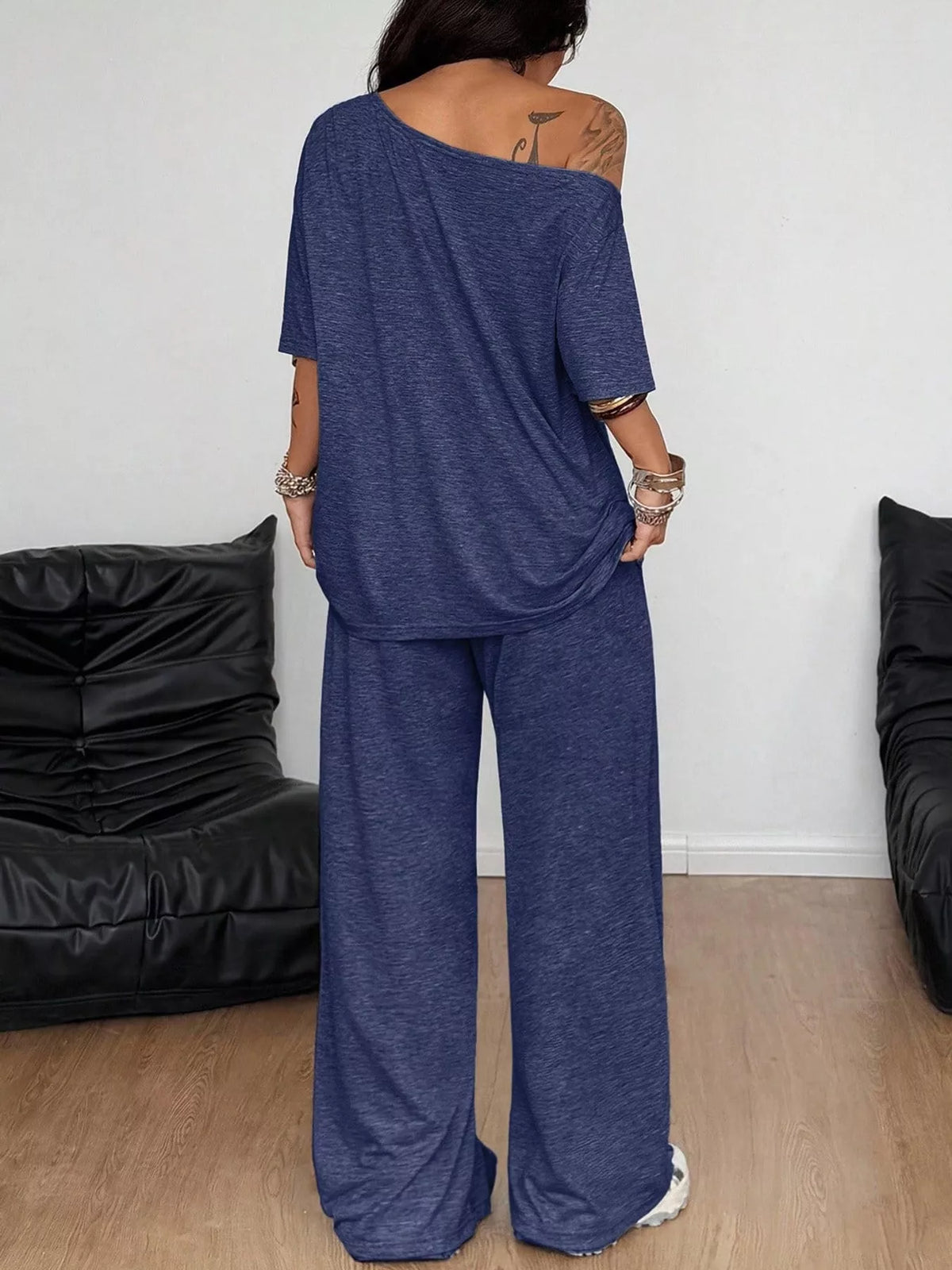 Linnea Off-Shoulder Top + Wide-Leg Pants Set in Navy, on model
