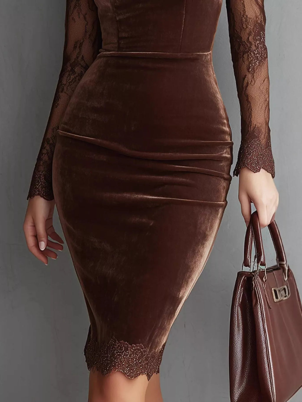 Seraphina Velvet Lace Bodycon Midi Dress in Coffee, on model