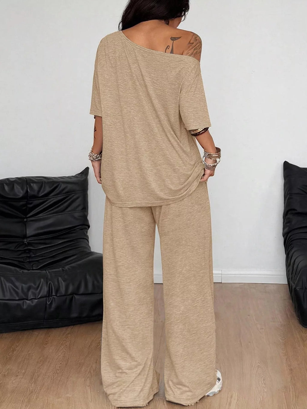 Linnea Off-Shoulder Top + Wide-Leg Pants Set in Khaki, on model
