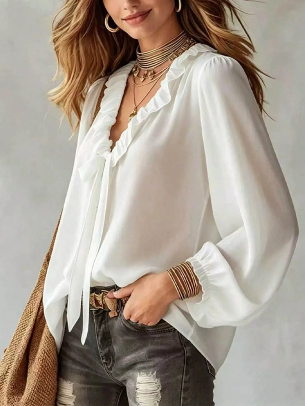 Hollis Ruffled Tie-Front Blouse in White, on model