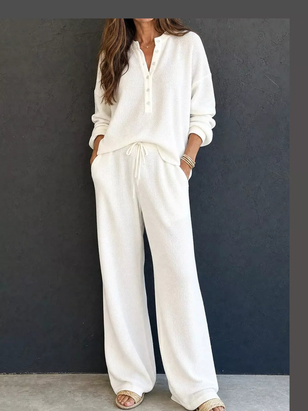 Thea Waffle-Knit Henley + Wide-Leg Pants Set in White, on model