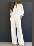 Thea Waffle-Knit Henley + Wide-Leg Pants Set in White, on model