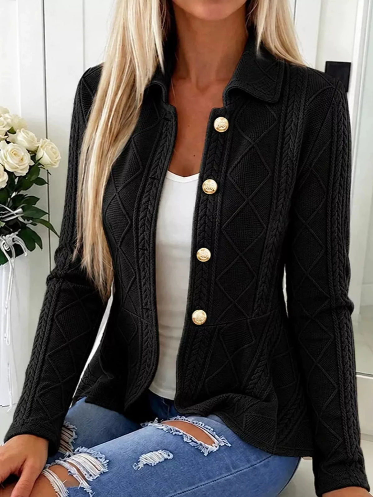 Briar Cable-Knit Peplum Cardigan in Black, on model