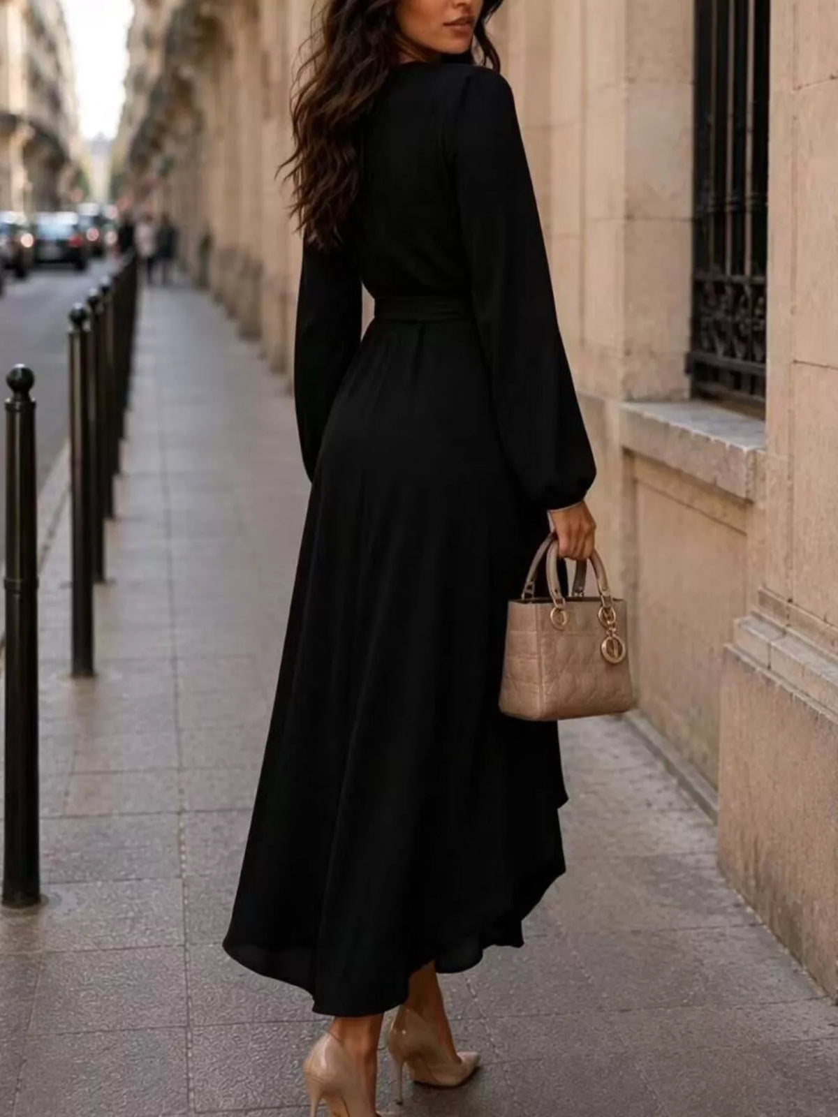 Ines Long-Sleeve Wrap Dress in Black, on model