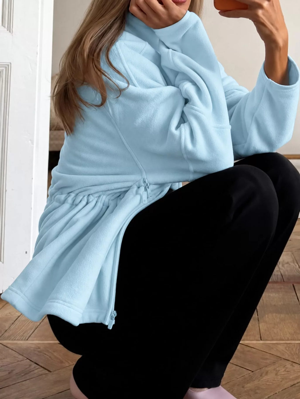 Kaia Cinched-Waist Fleece Zip-Up Jacket in Blue, on model