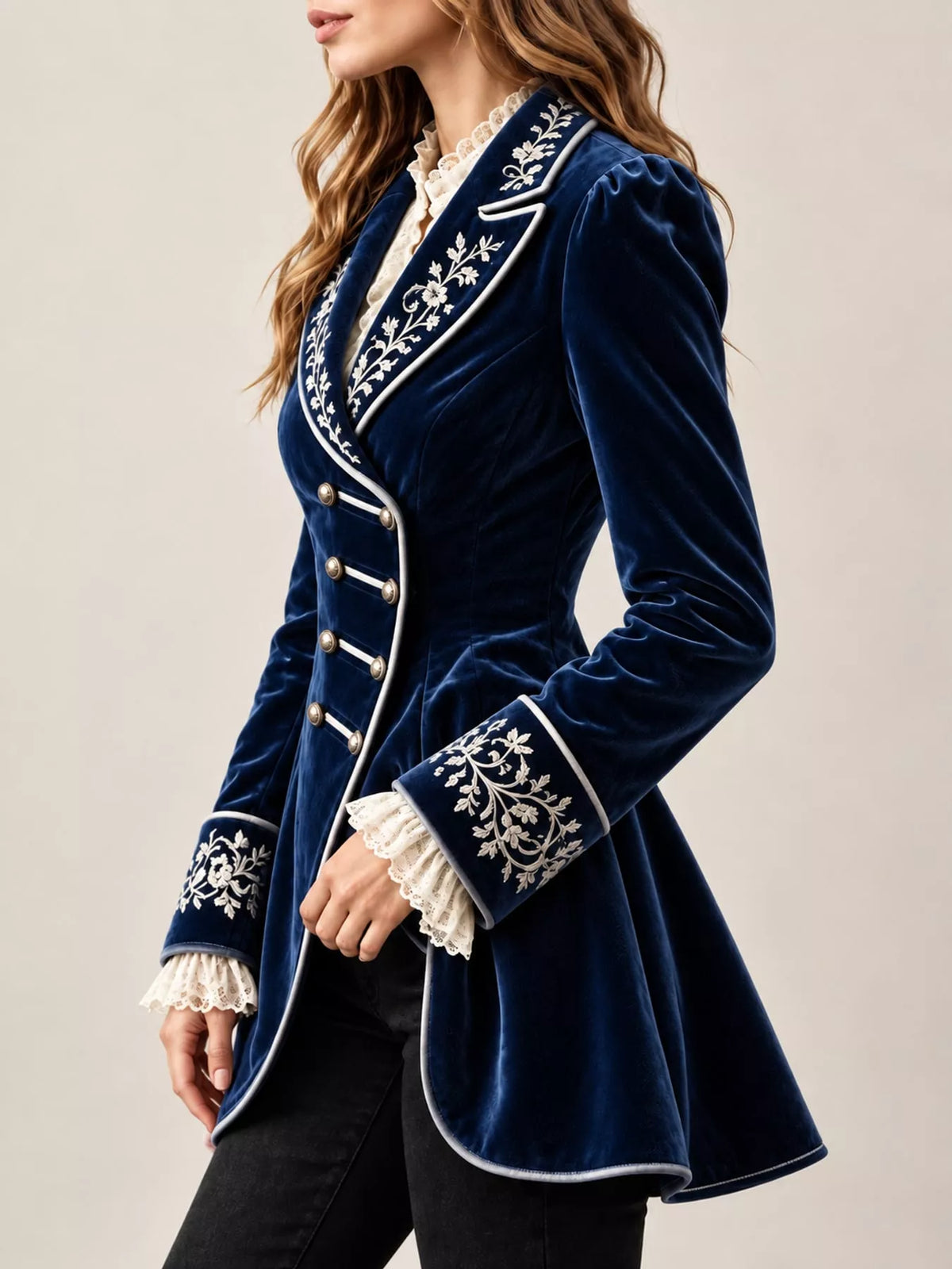Isadora Embroidered Velvet Peplum Blazer in Navy, on model
