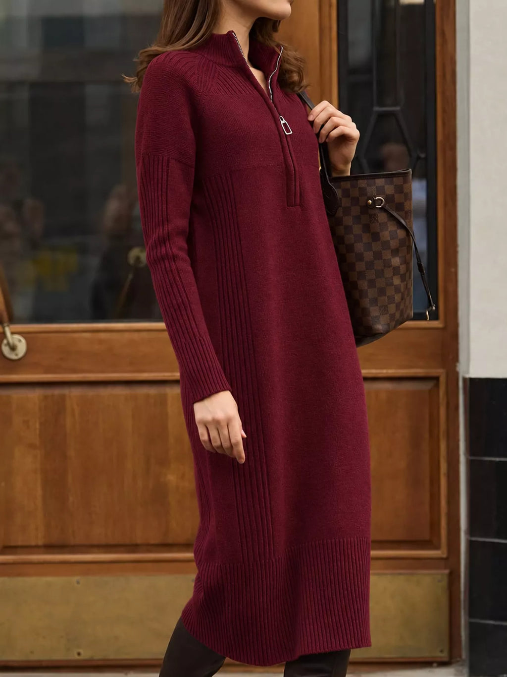 Annelise Half-Zip Ribbed Sweater Maxi Dress in Dark Red, on model
