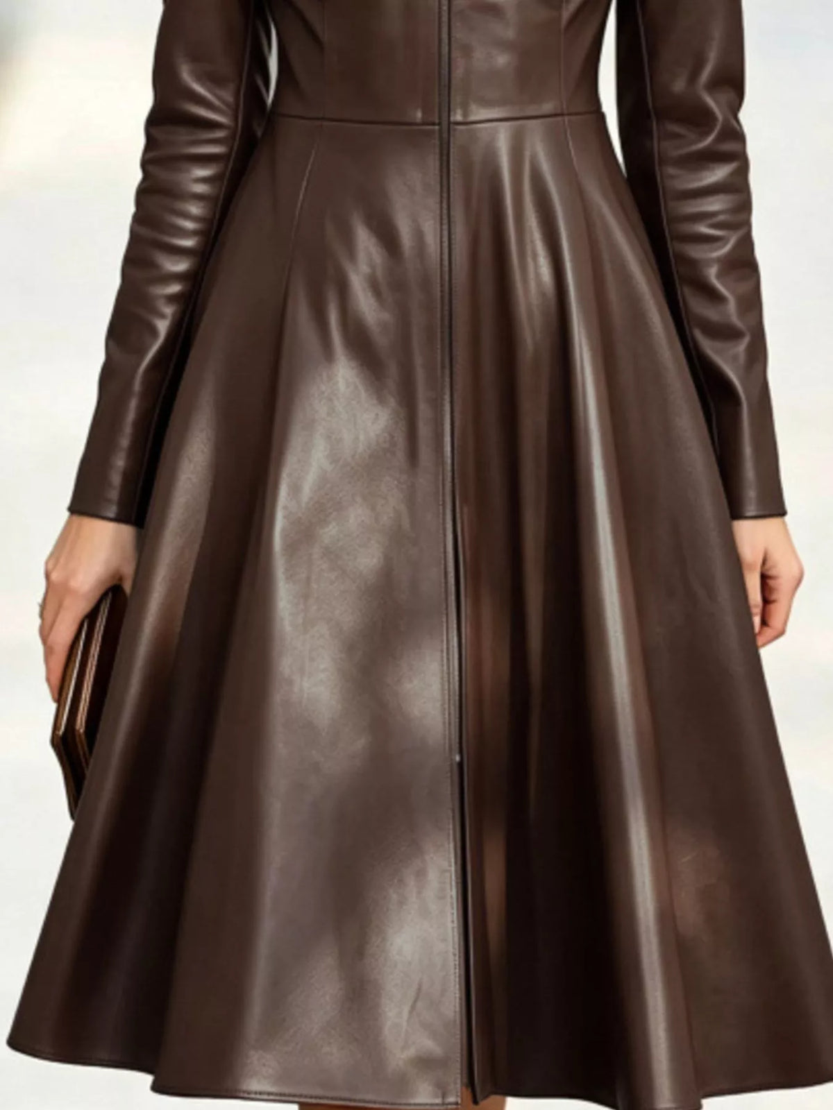 Tamsin Faux Leather Zip-Front Midi Dress in Chocolate, on model