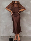 Calla Satin Slip Dress + Sheer Cape Set in Coffee, on model