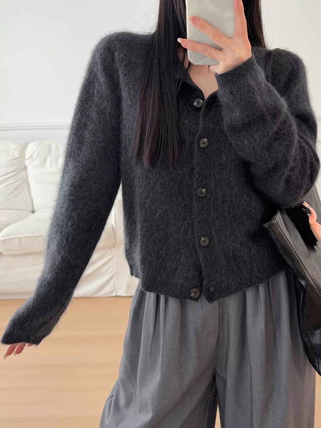 Flora Fuzzy Cropped Button Cardigan in Dark Gray, on model
