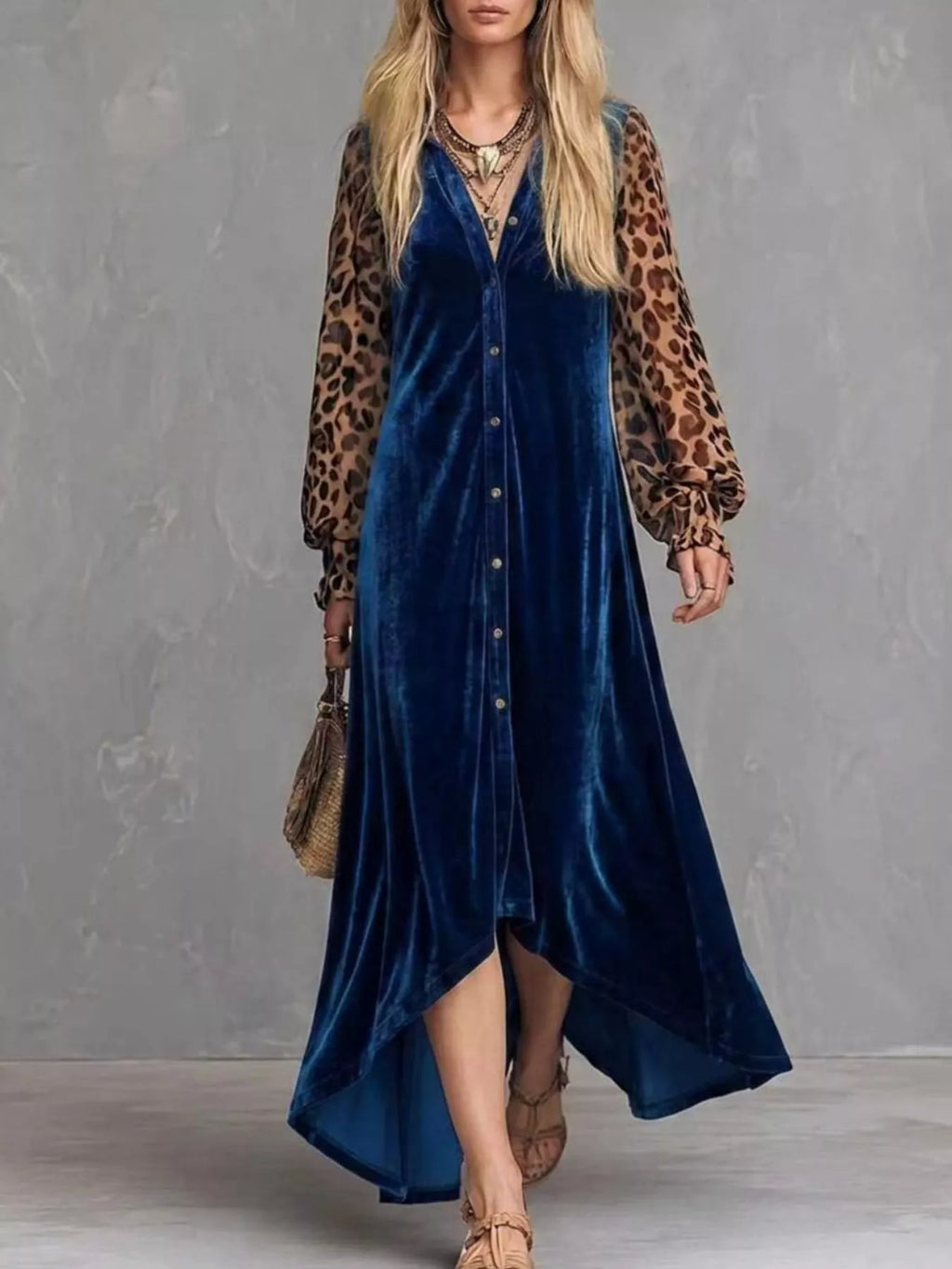 Coraline Leopard-Sleeve Velvet Maxi Dress in Blue, on model