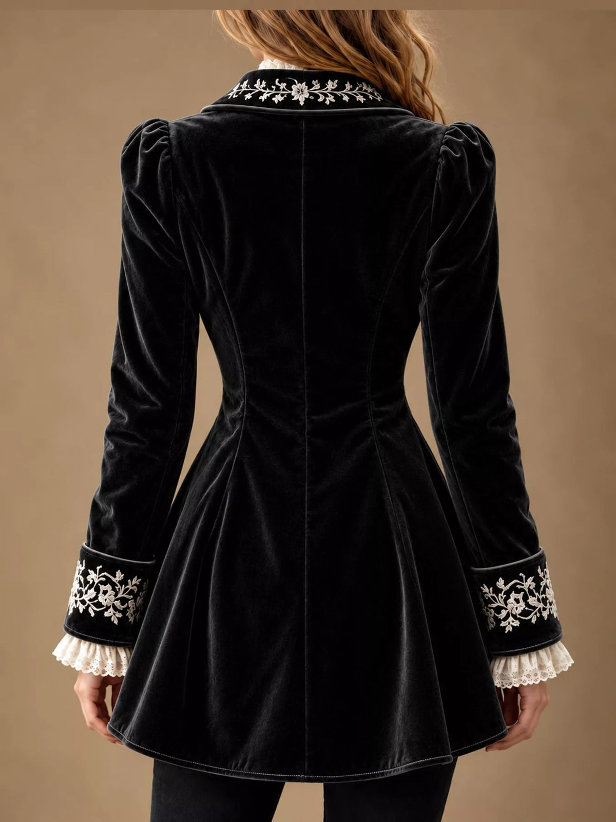 Isadora Embroidered Velvet Peplum Blazer in Black, on model