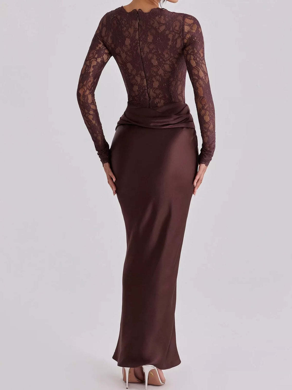 Delphine Lace + Satin Long-Sleeve Maxi Dress in Dark Red, on model