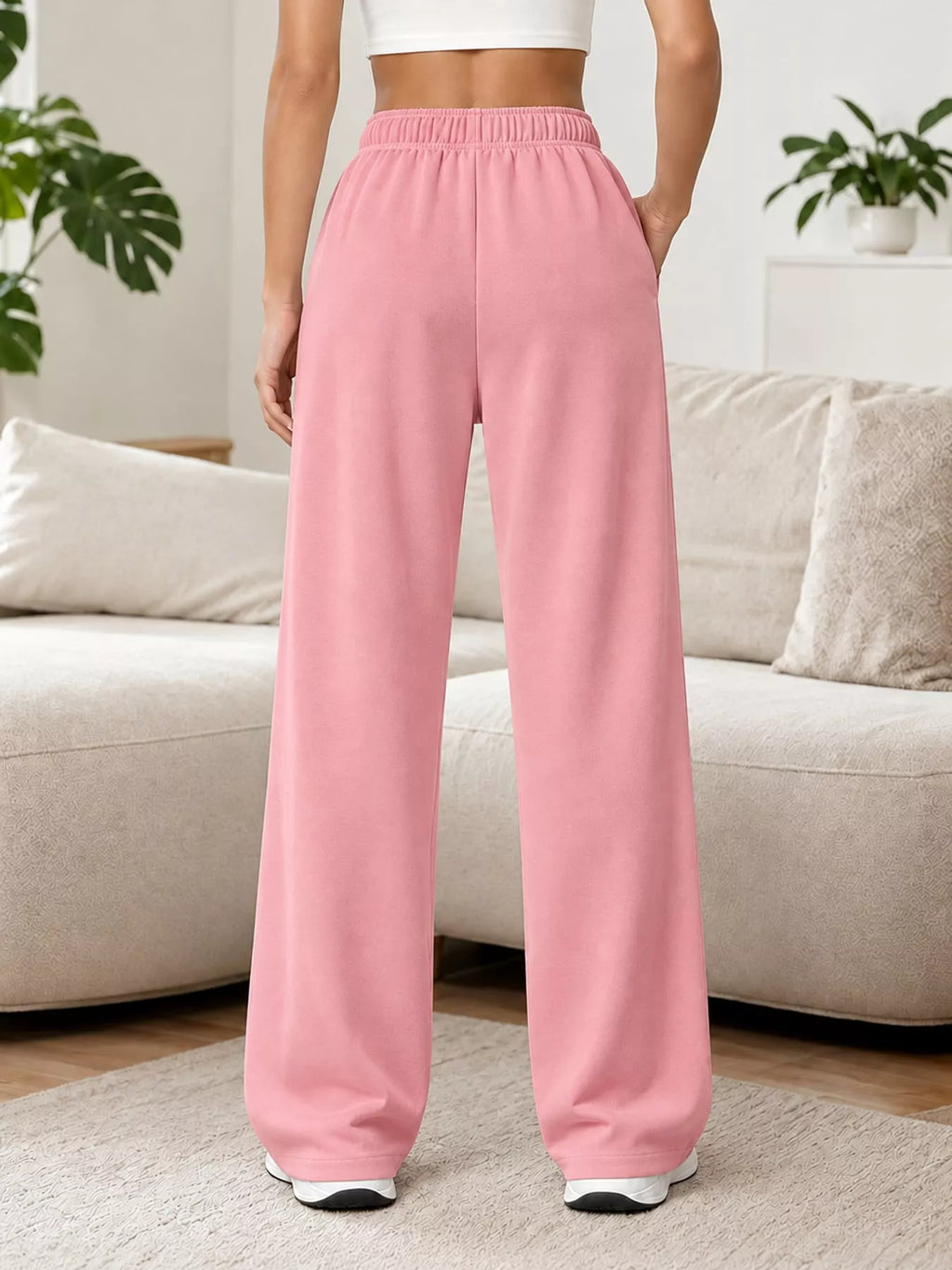 Odessa Drawstring Wide-Leg Sweatpants in Pink, on model