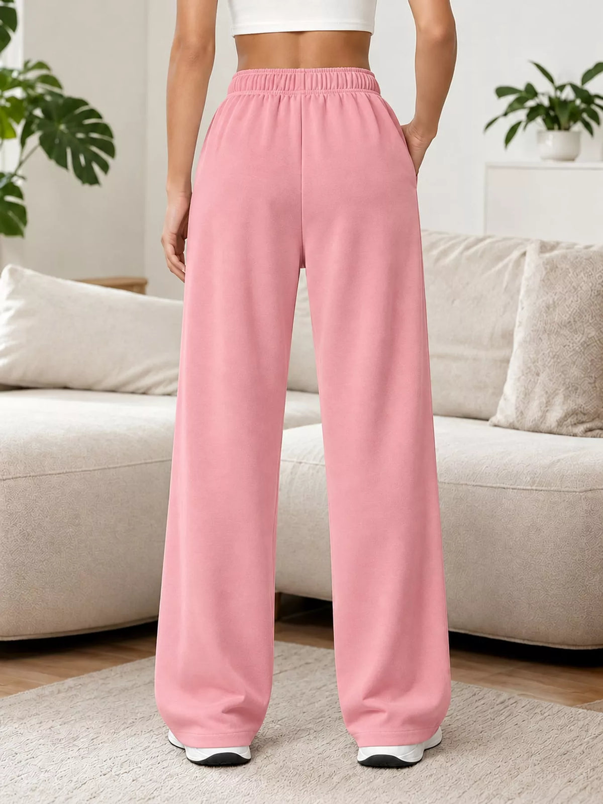 Odessa Drawstring Wide-Leg Sweatpants in Pink, on model