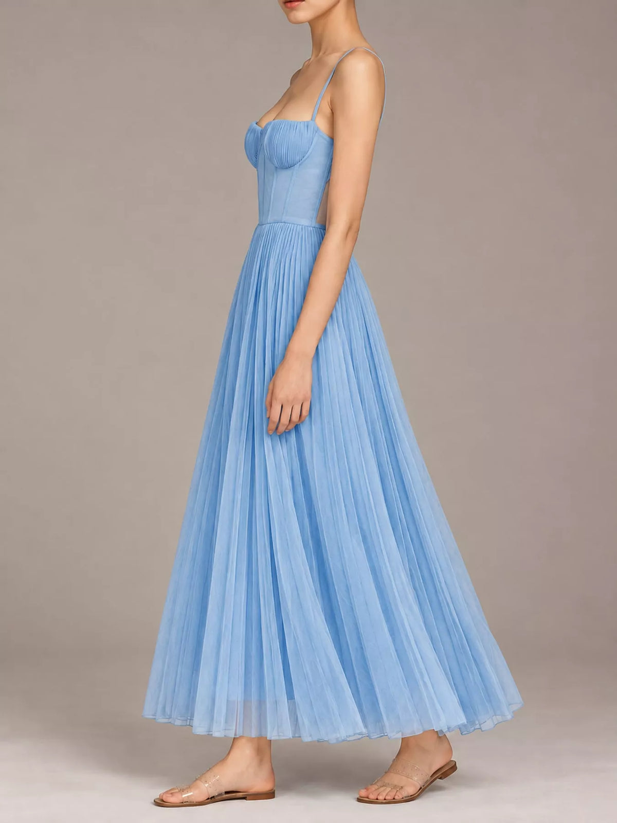 Saoirse Pleated Sweetheart Midi Dress in Sky Blue, on model