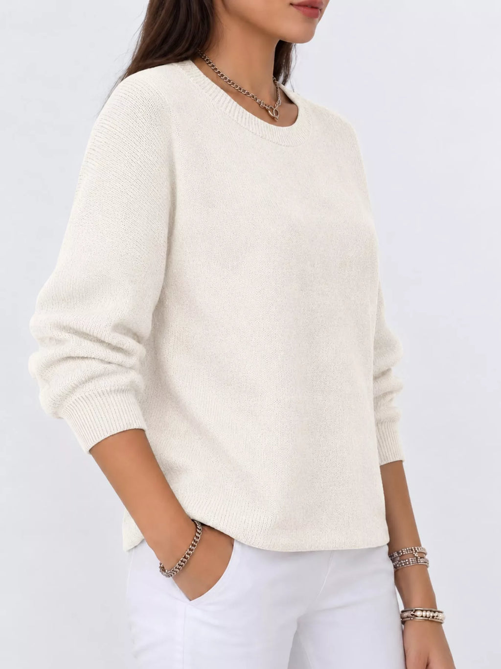 Corinne Classic Crew-Neck Sweater in Apricot, on model