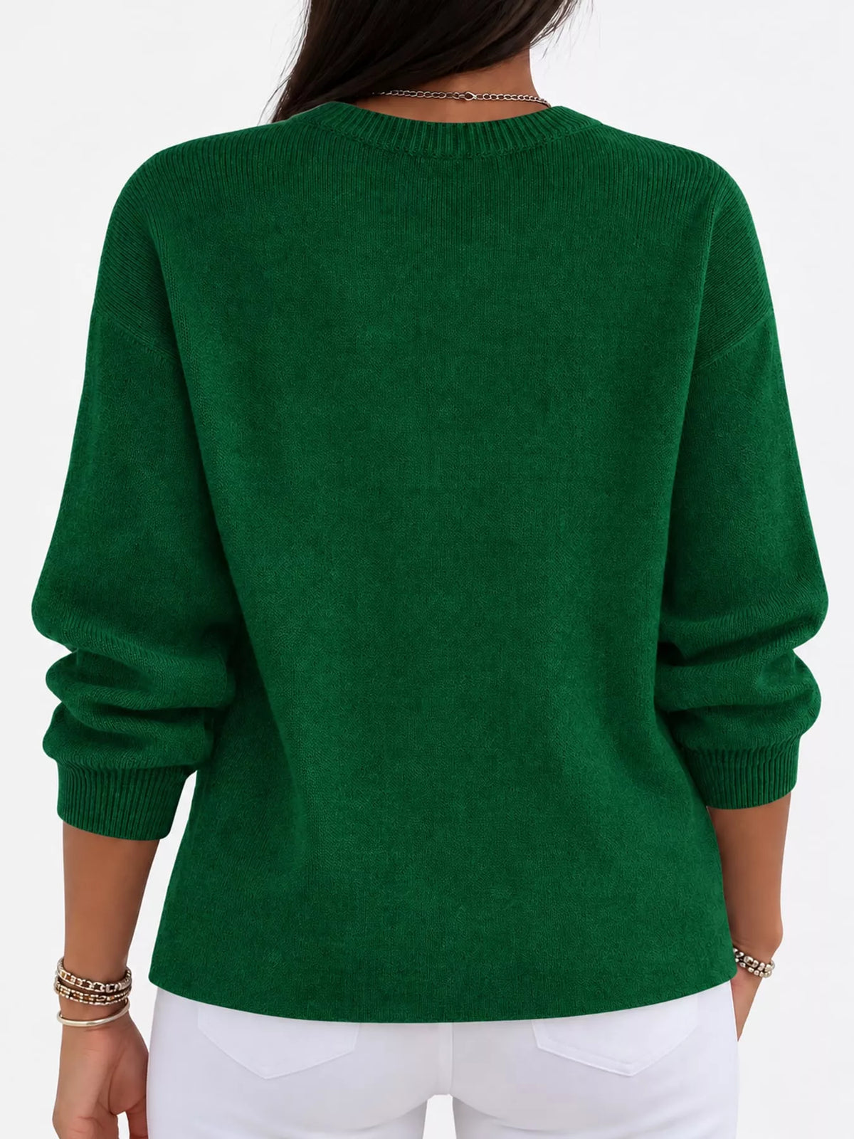 Corinne Classic Crew-Neck Sweater in Christmas Green, on model