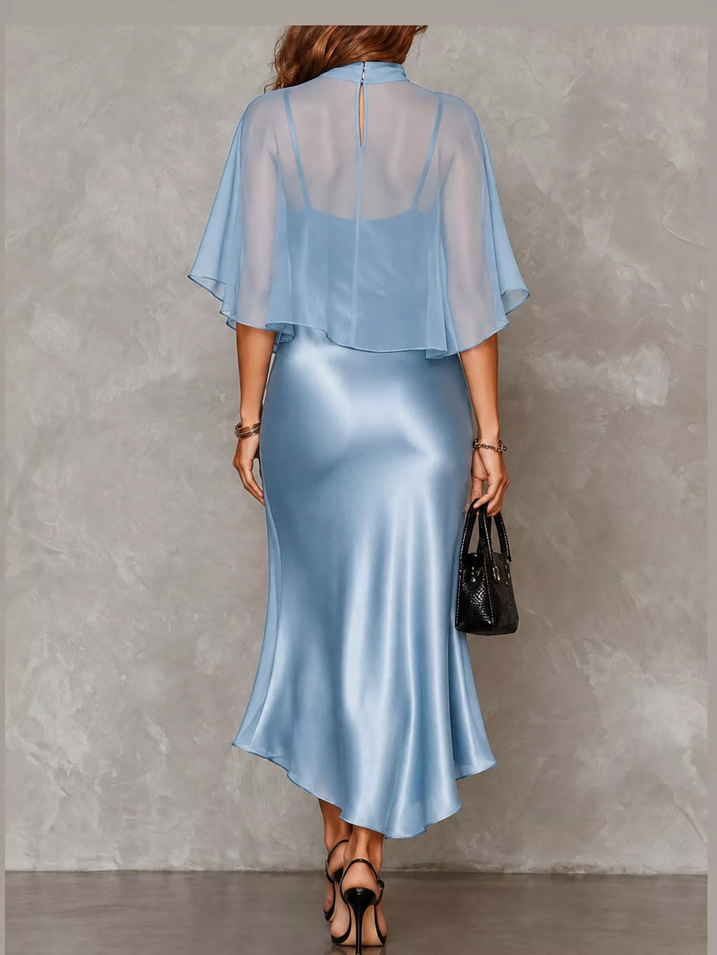 Calla Satin Slip Dress + Sheer Cape Set in Light Blue, on model