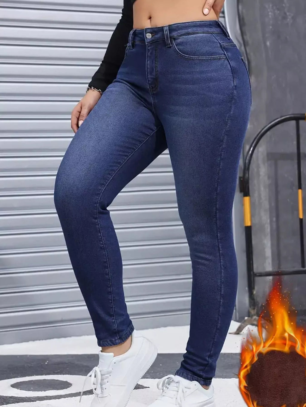 Willa Fleece-Lined Skinny Jeans in Blue, on model