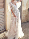 Viola Lace Flutter-Sleeve Maxi Dress in White, on model