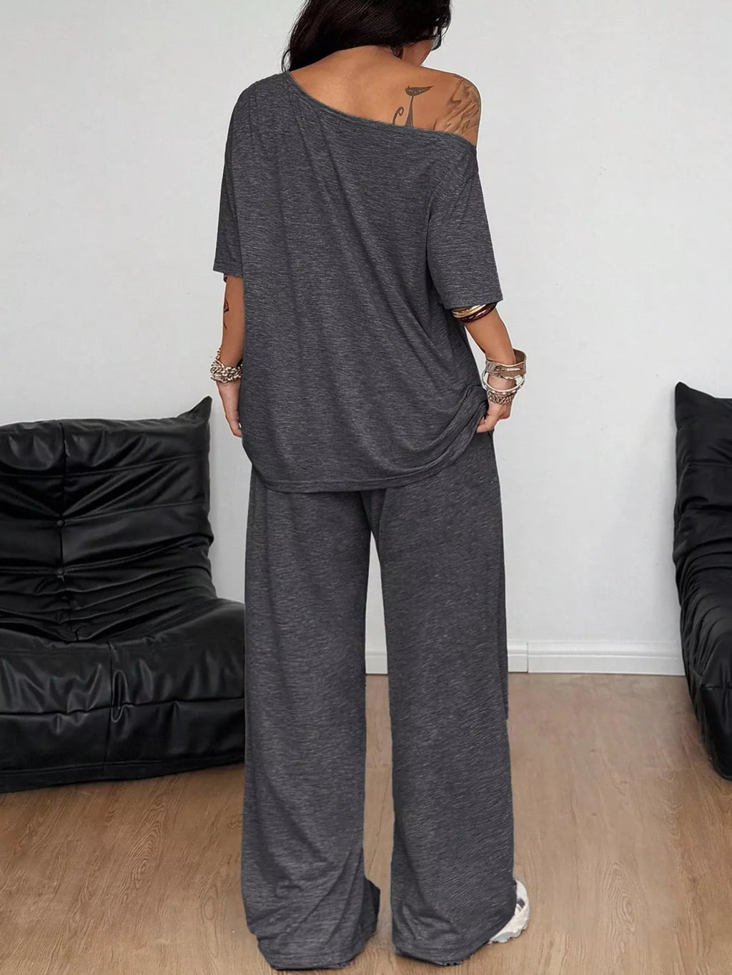Linnea Off-Shoulder Top + Wide-Leg Pants Set in Dark Gray, on model