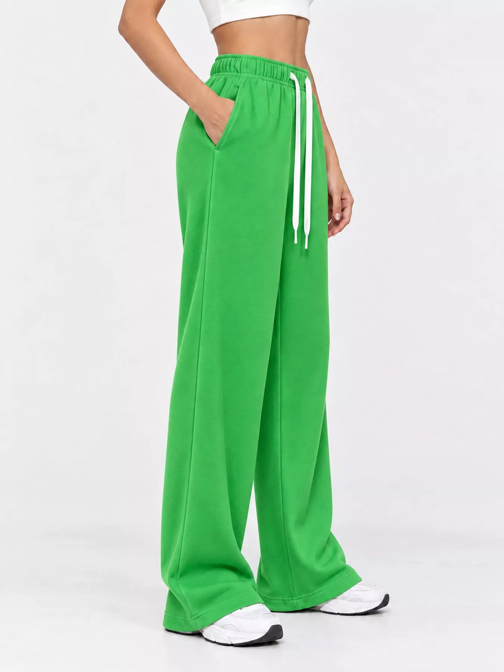 Odessa Drawstring Wide-Leg Sweatpants in Grass Green, on model