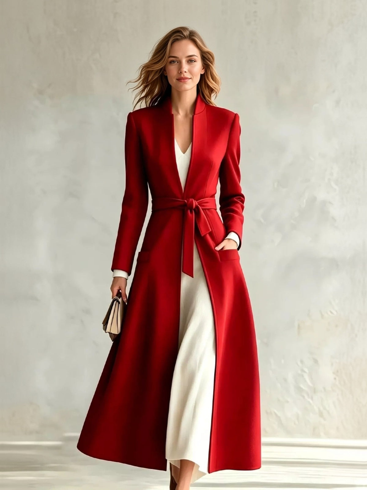 Fiora Tie-Waist Long Coat - front view on model